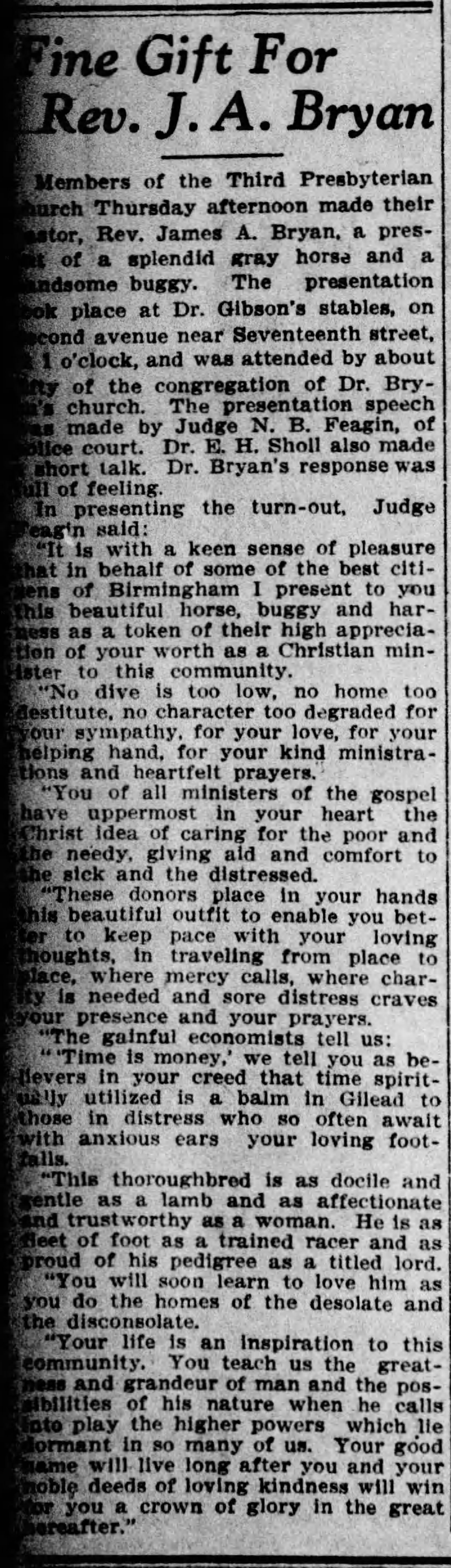 Fine Gift for Rev. J.A. Bryan